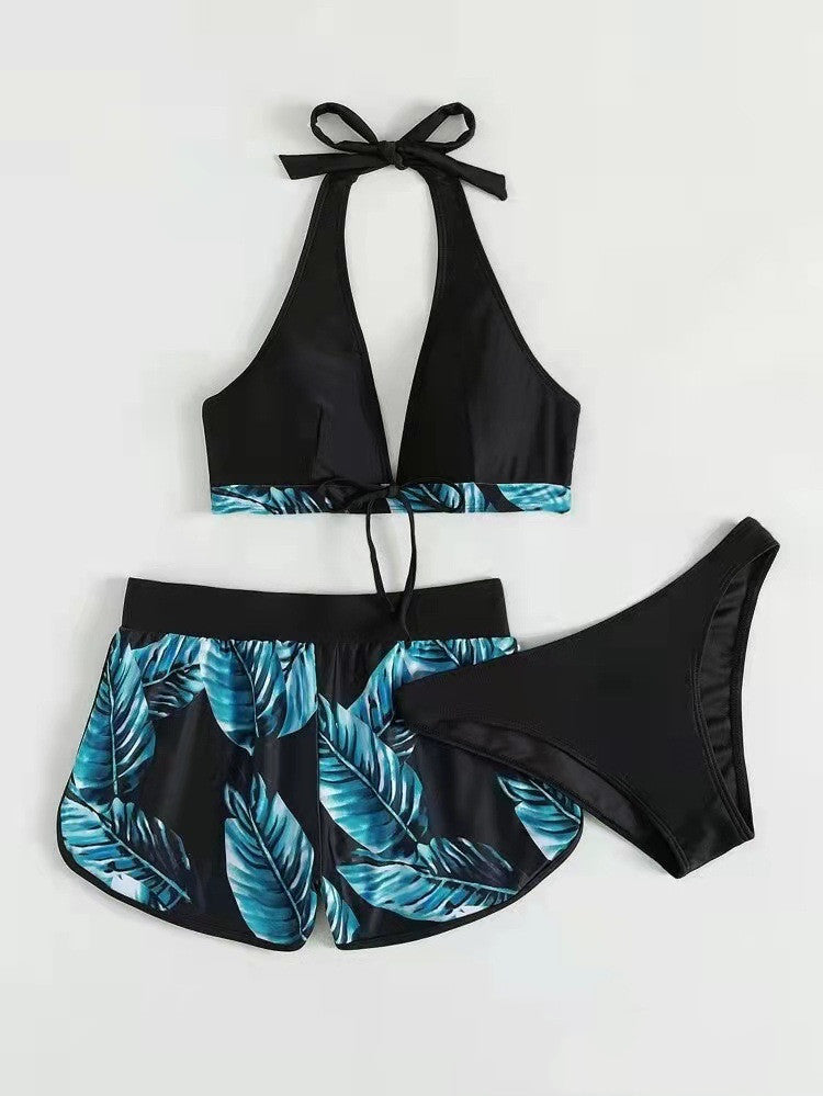 3pcs Leaf Print Bikini With Shorts Fashion Summer Beach Swimsuit Womens Clothing - Velora Luxury Fashion