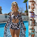 3pcs Pring Bikini With Long Sleeve Cardigan Fashion Summer Beach Swimsuit Women - Velora Luxury Fashion