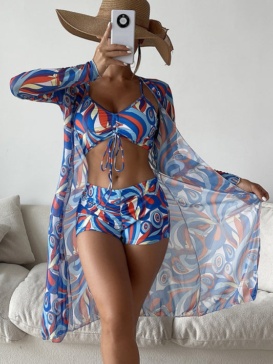 3pcs Pring Bikini With Long Sleeve Cardigan Fashion Summer Beach Swimsuit Women - Velora Luxury Fashion