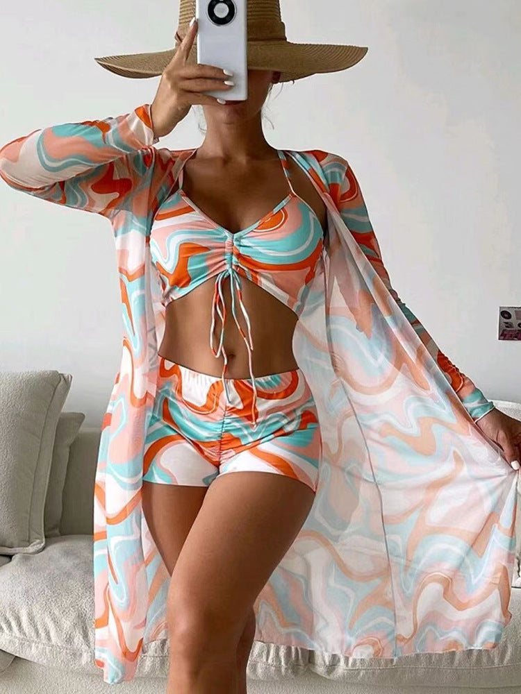 3pcs Pring Bikini With Long Sleeve Cardigan Fashion Summer Beach Swimsuit Women - Velora Luxury Fashion