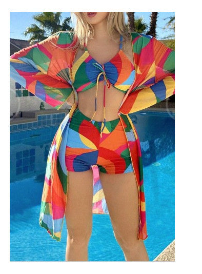 3pcs Pring Bikini With Long Sleeve Cardigan Fashion Summer Beach Swimsuit Women - Velora Luxury Fashion