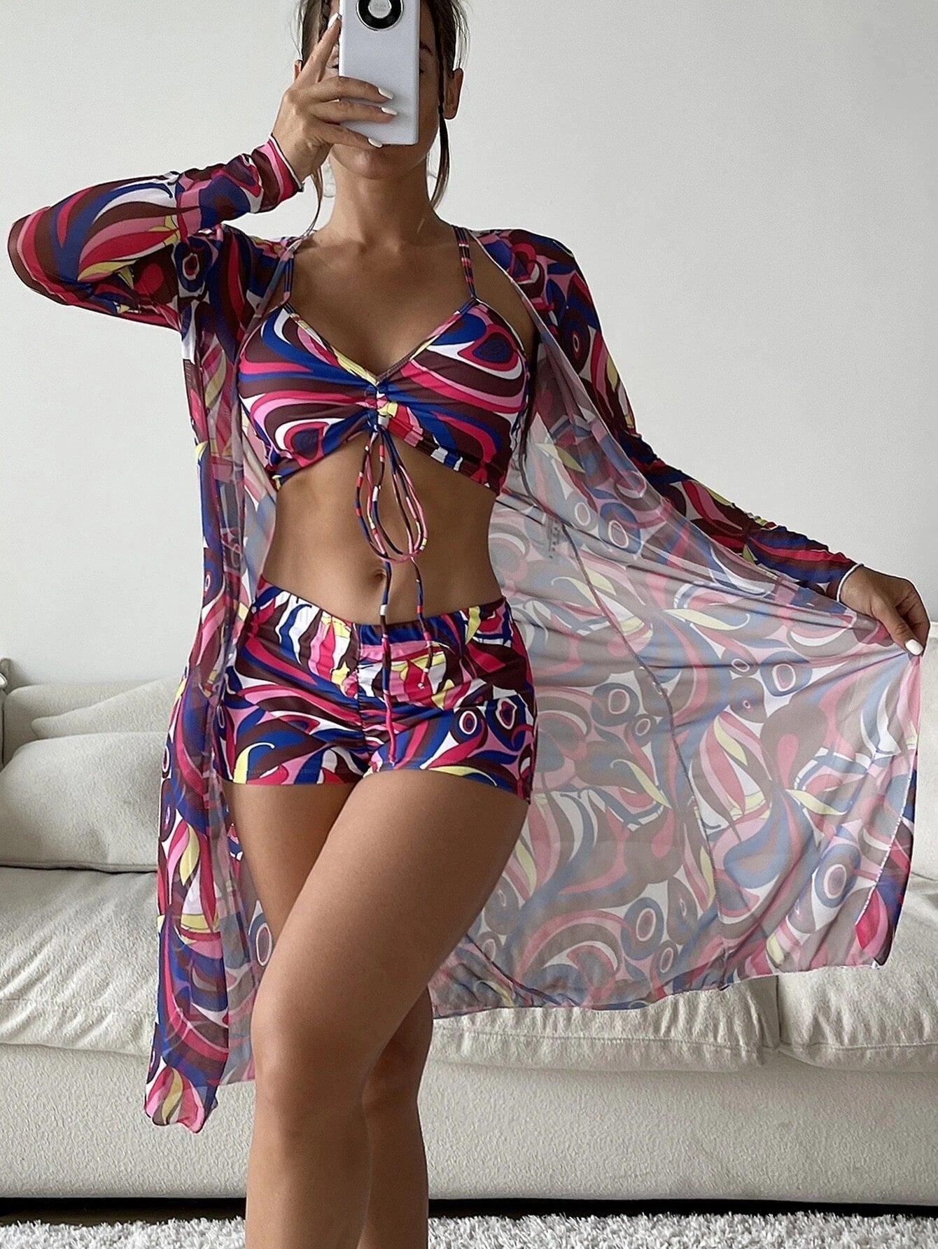 3pcs Pring Bikini With Long Sleeve Cardigan Fashion Summer Beach Swimsuit Women - Velora Luxury Fashion
