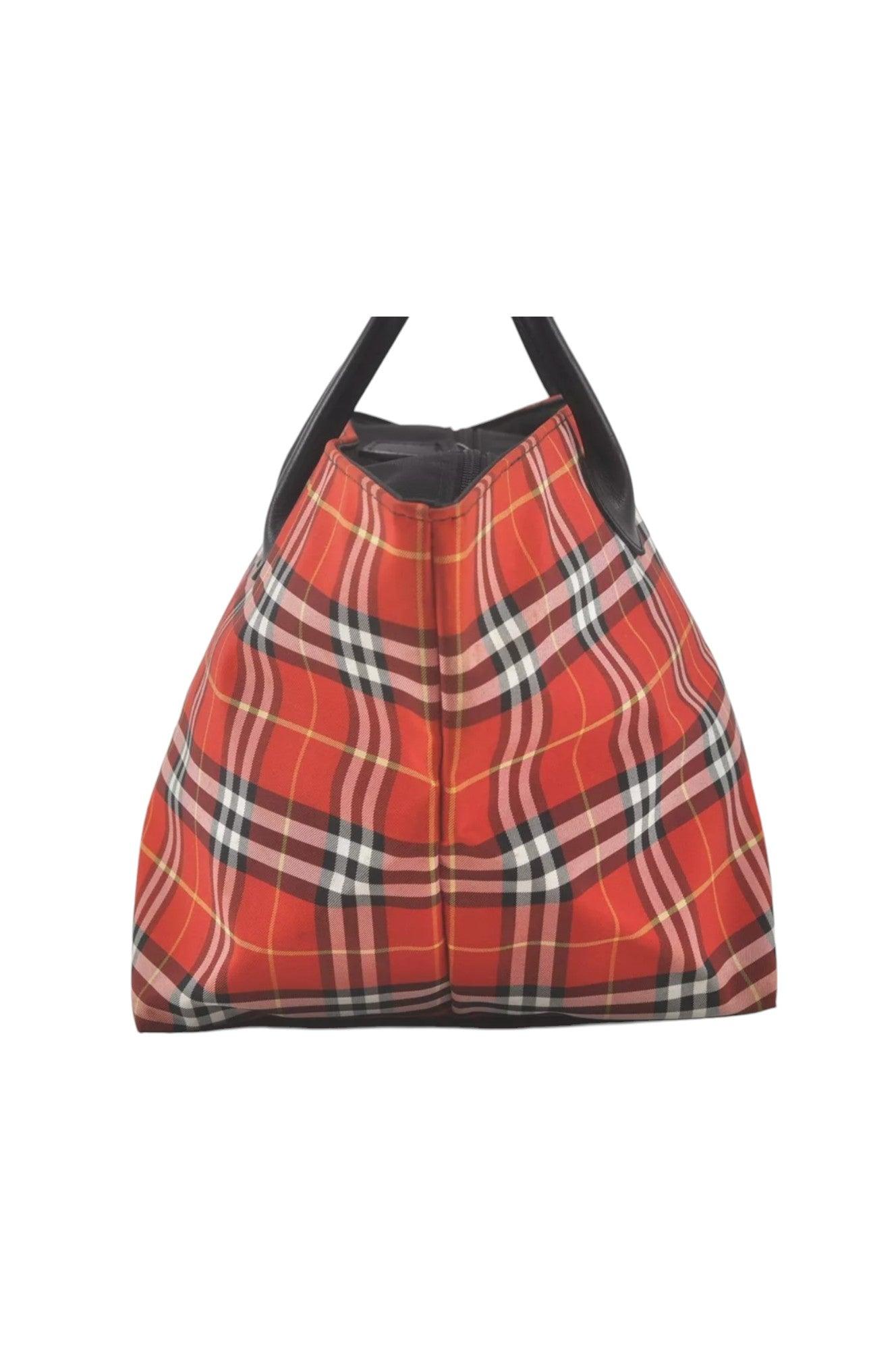 Burberry BLUE LABEL Check Shoulder Tote Bag Nylon Leather Red 9373K - Velora