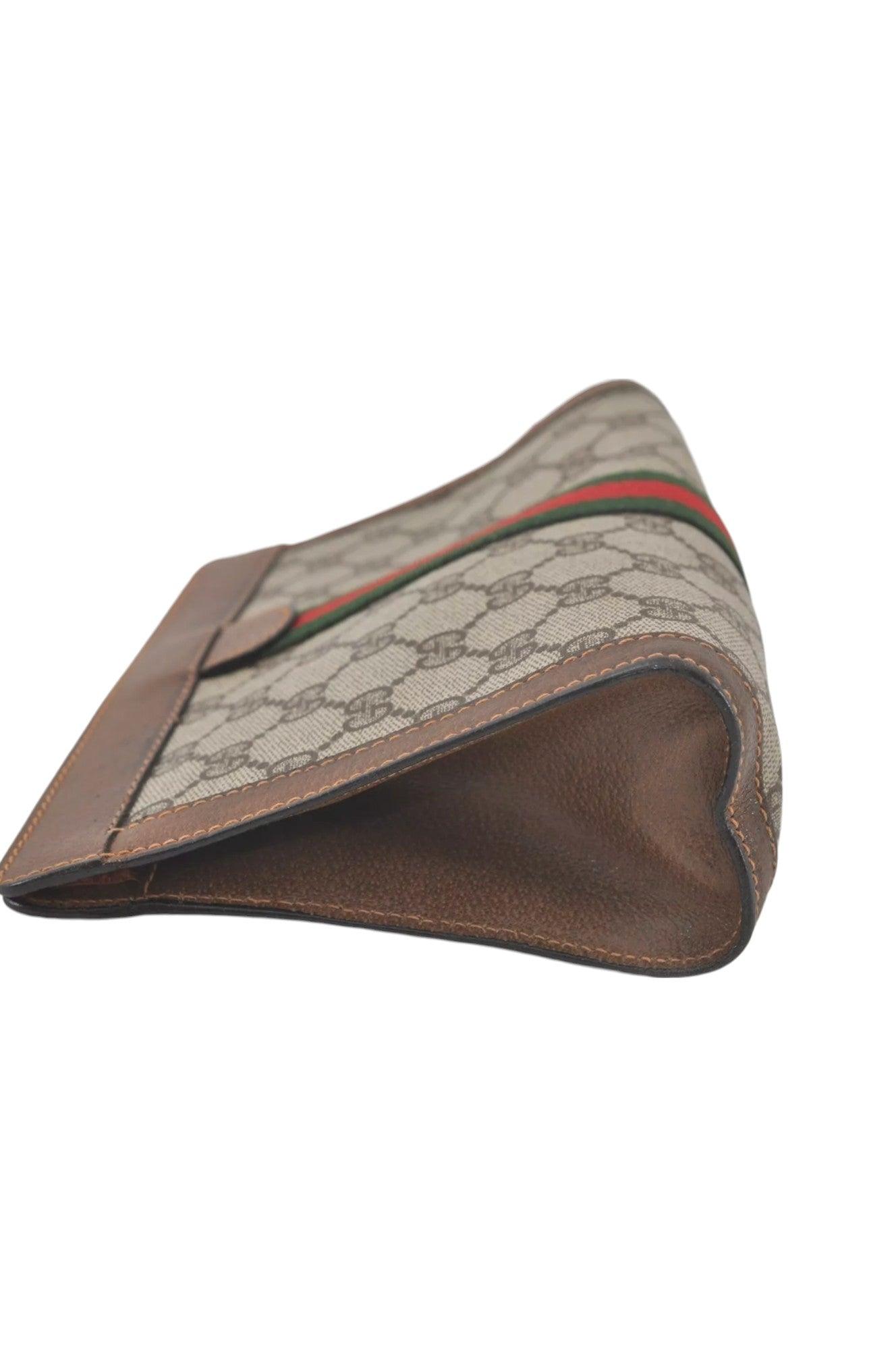 GUCCI Web Sherry Line Clutch Hand Bag Purse GG PVC Leather Brown 8044K - Velora