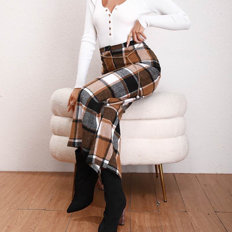 High Waist Casual Trousers Khaki Plaid Straight-leg Pants - Velora