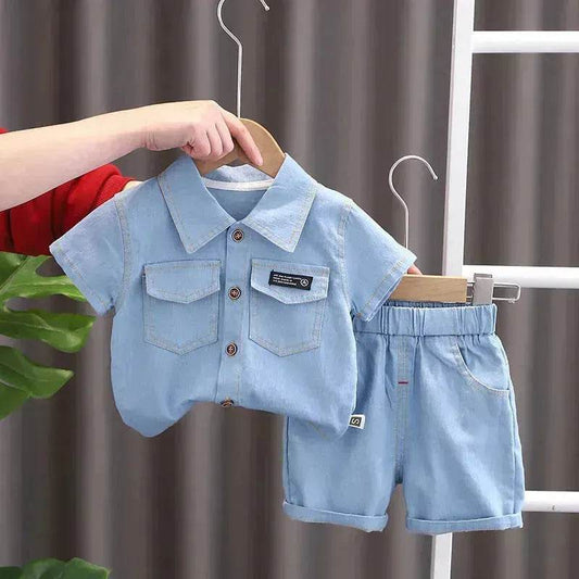 Lapel Short Sleeve Suit Children's Clothing Casual wear for boys Denim Two piece for boys - Velora