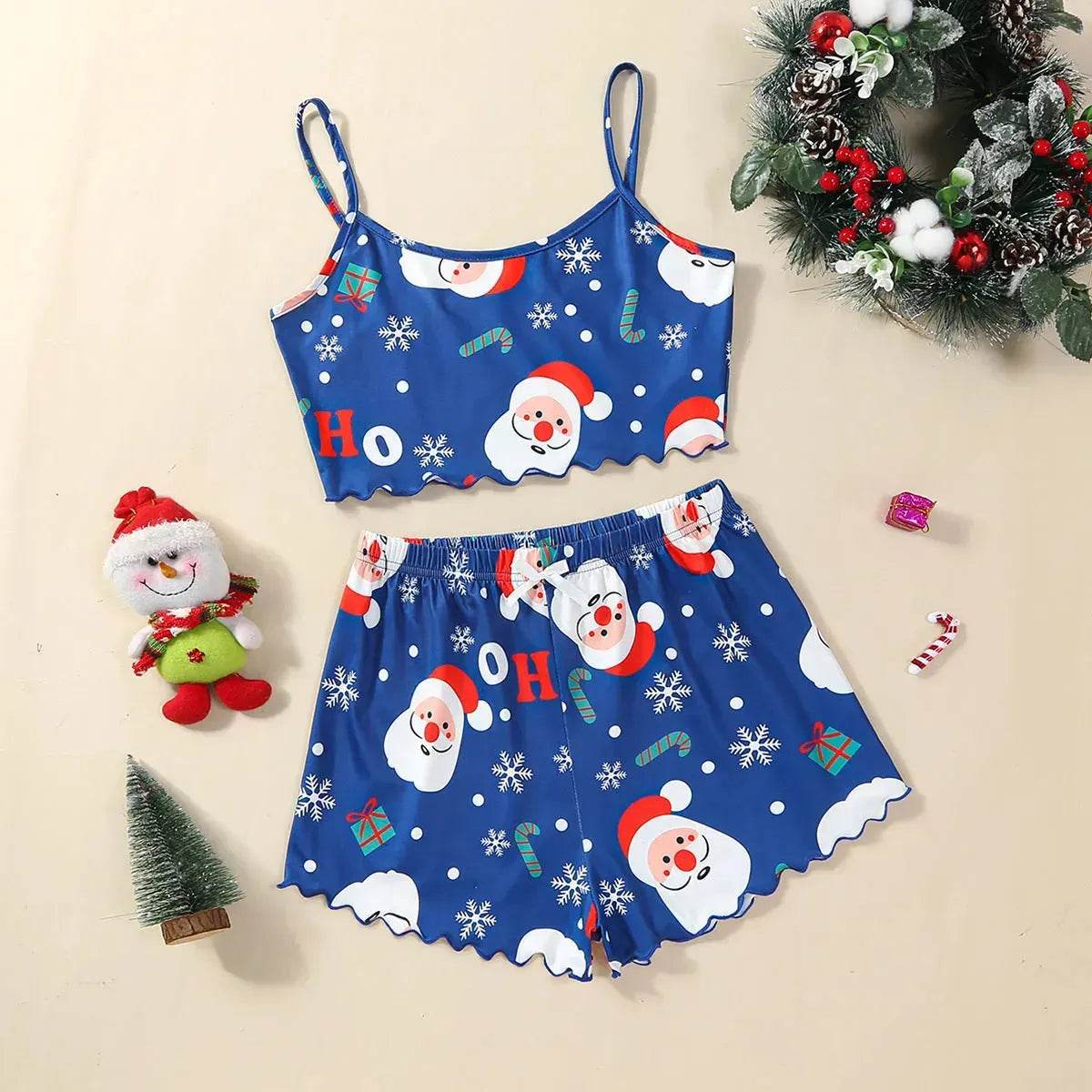 Christmas European And American Thin Pajamas Women's Sleeveless Shorts Milk Silk Simple Casual Two-piece Suit Homewear - Velora