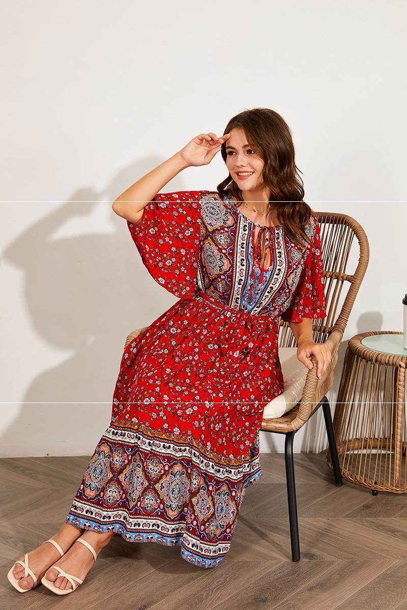 Modest Plus Size Summer dress V Neck Midi Beach boho Dress - Velora