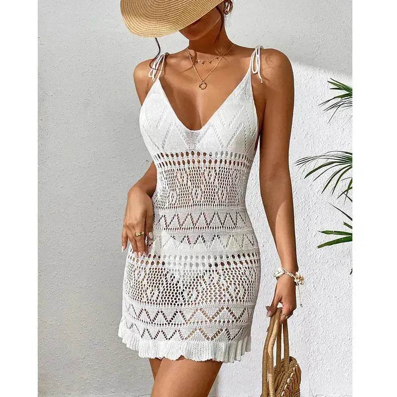 Women's Fashion Suspenders Deep V Knitted Beach Skirt Dress for Chic Ladies - Velora