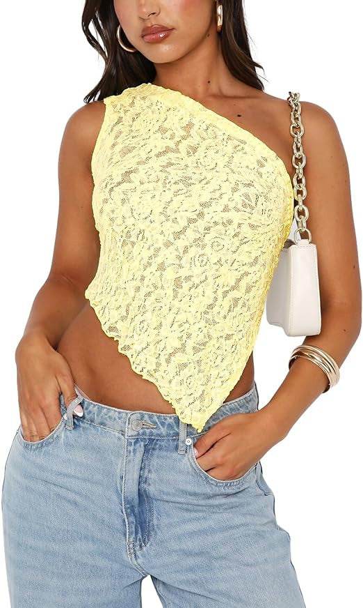 Ins Lace Backless Top Summer Solid Color Waistless Asymmetrical Sloped Neck Vest Streetwear Womens Clothes - Velora
