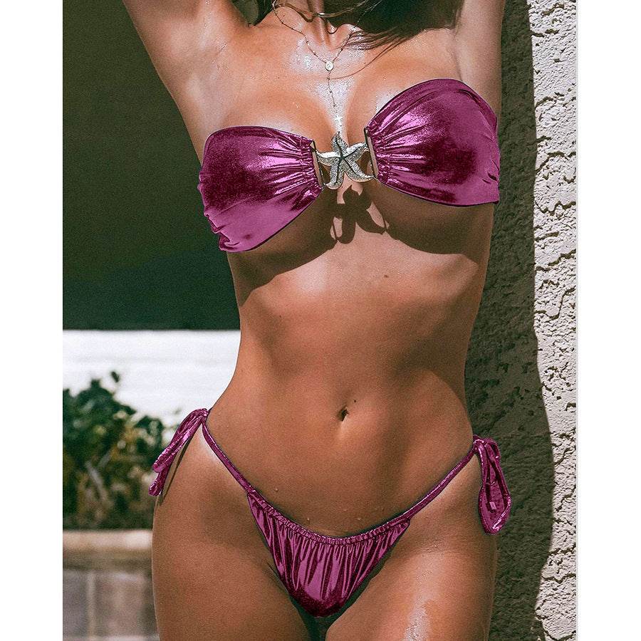 Tube Top Split Bikini Blue Glossy Gold Starfish Female - Velora