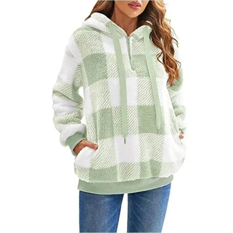 Casual Thick Fleece Plush half zip Plaid Hoodie Pullover top for women - Velora