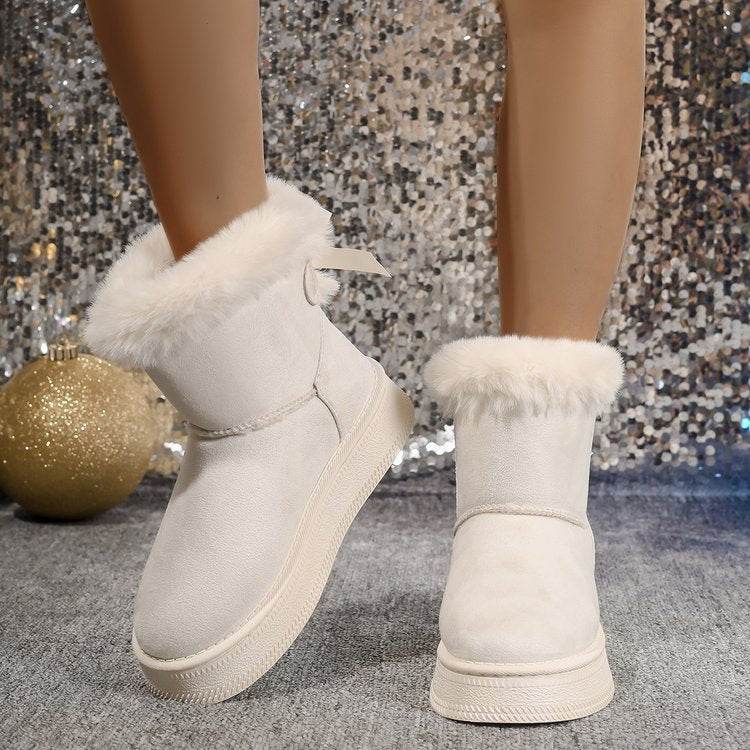 Winter Snow Boots With Bowknot Fashion Round Toe Flat Thickened Suede Cotton Shoes For Women Casual Warm Plush Short Boot - Velora