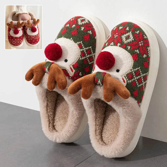 Cute Christmas Elk Plush Slippers Winter Ins Fashion Non-slip Floor Bedroom Home Slippers For Women Fuzzy House Shoes - Velora