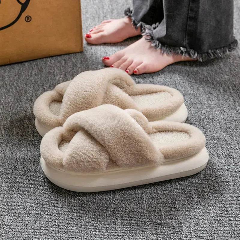 Women's Platform Fuzzy Home Slippers Winter Open Toe Criss-cross Solid Color Casual Floor Slides Indoor Flat Comfy House Shoes - Velora
