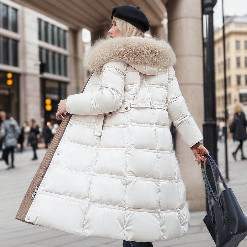Winter Slim Long Jacket With Fur Hood And Belt Fashion Solid Hooded Coat Warm Clothing For Women - Velora
