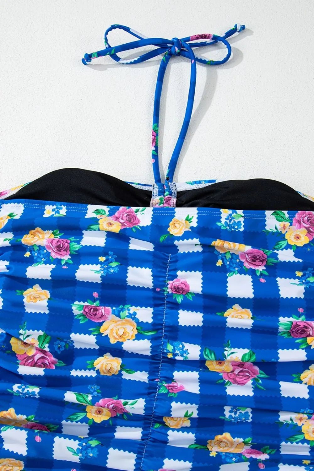 Floral Gingham Halter Neck Drawstring One Piece Swimwear - Velora