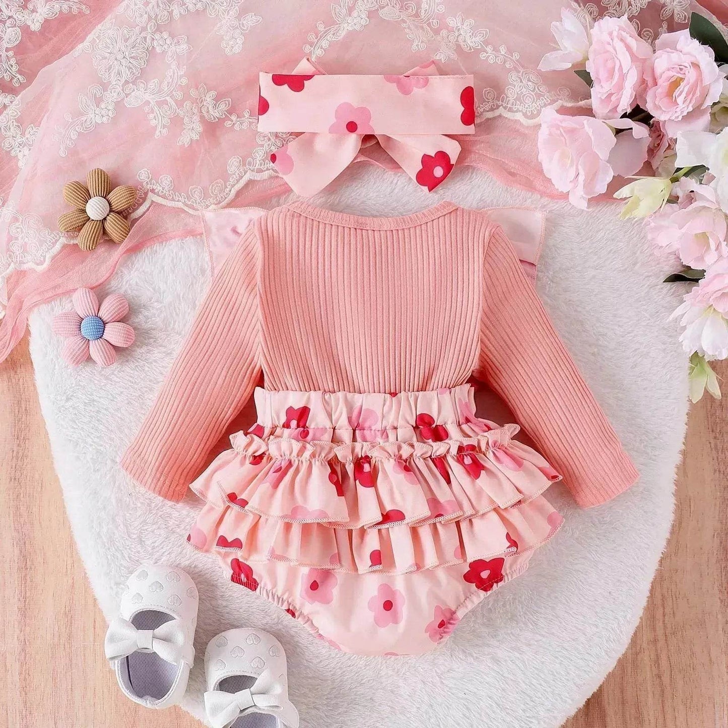 One-piece Romper Pants Bow Headdress Suit Baby girl casual pink romper with head bowtie - Velora