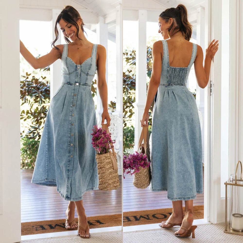 Women's sleeveless Denim Buckle Strap Midi maxi Dress - Velora