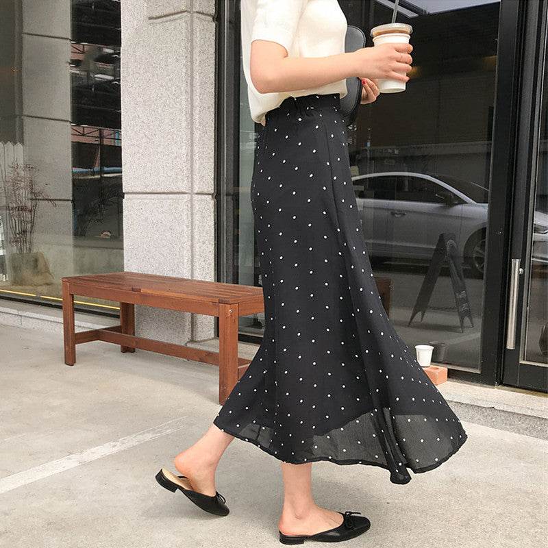 Polka dot High waist Chiffon Flowy Midi skirt women - Velora