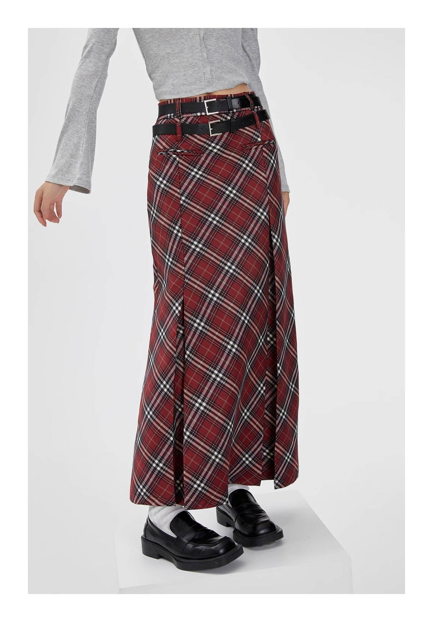 Retro Plaid High Waist student maxi Skirt - Velora
