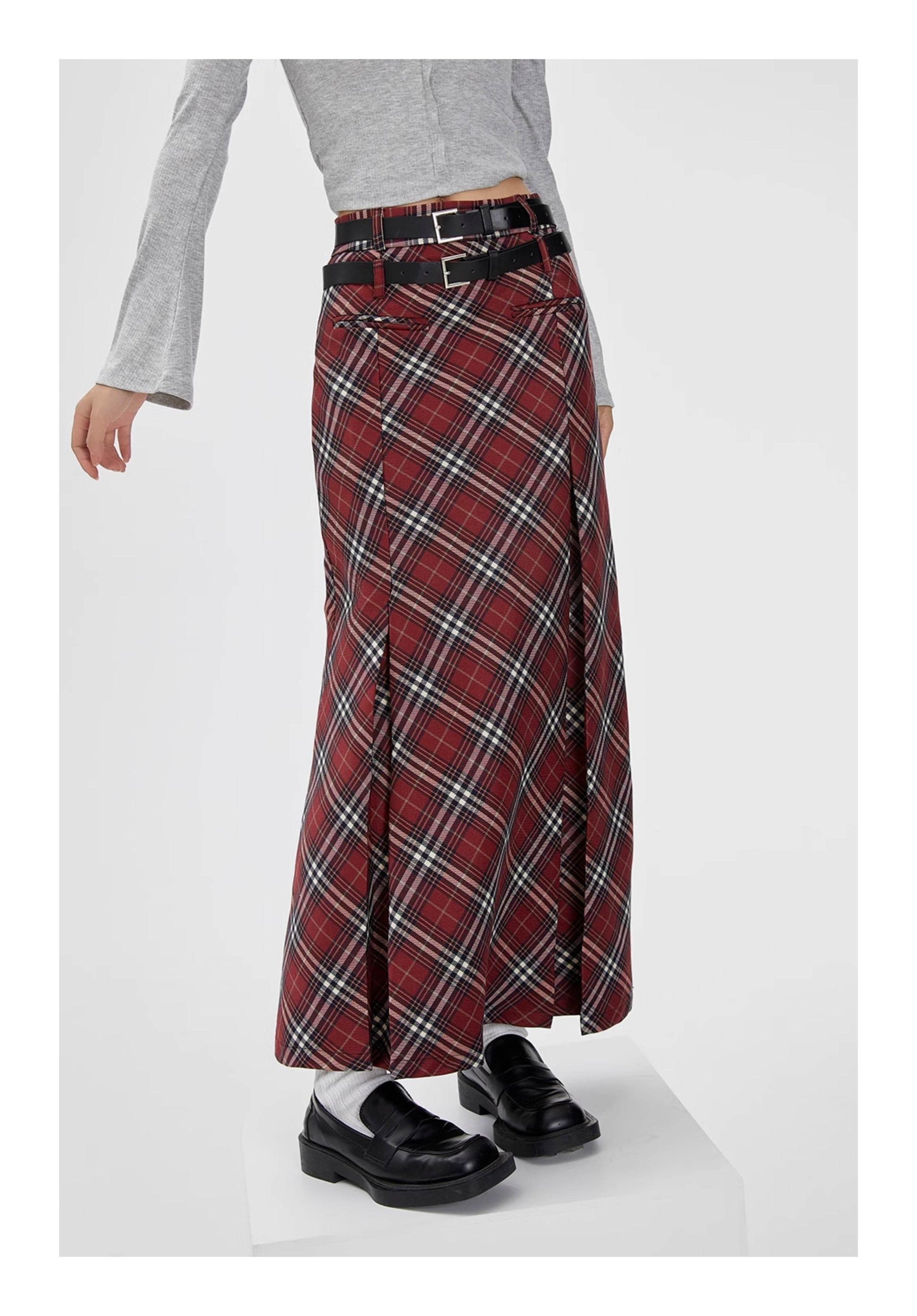 Retro Plaid High Waist student maxi Skirt - Velora