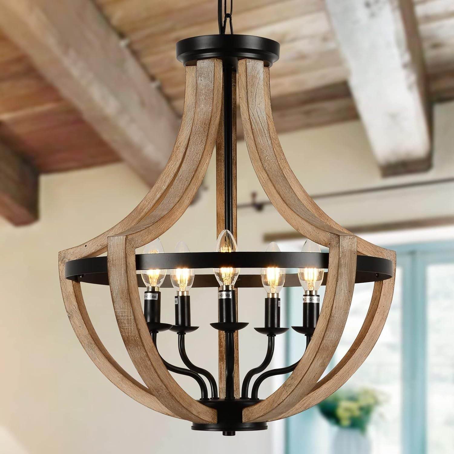 Solid Wood Modern Chandelier For Dining Room, Living Room, Kitchen, Island, Bedroom, Foyer, Height Adjustable, Brown - Velora