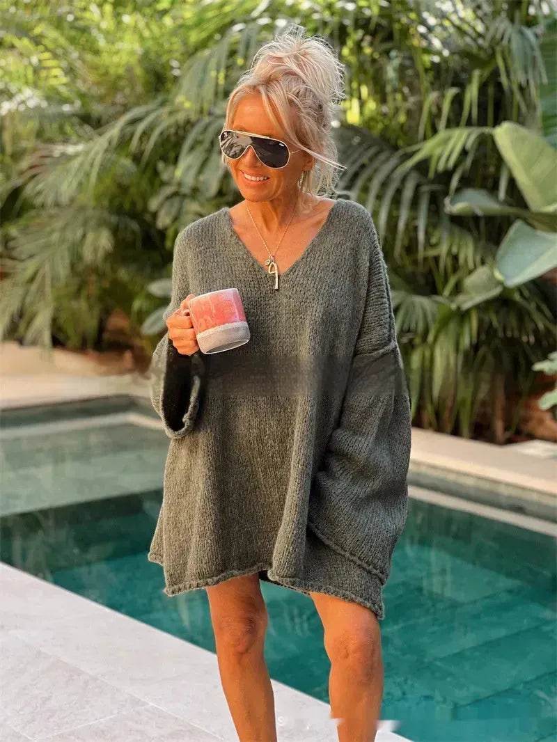 Women's Fashion V-neck Long-sleeve Knitwear 2-color Sweater dress - Velora