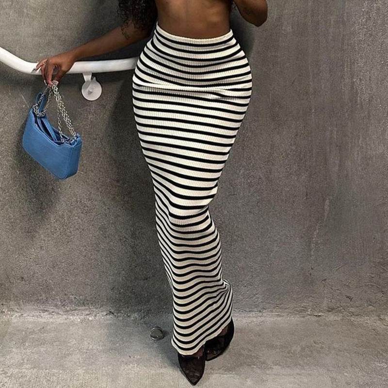 High-waisted Black And White Striped Straight Long Pencil Skirt - Velora