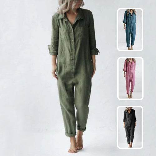 Casual Long Sleeve Jumpsuit With Pockets Fashion Loose Lapel Button Romper Pants Womens Clothing - Velora