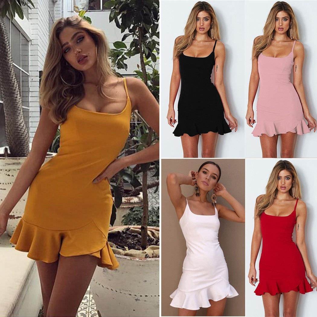New Ruffles Trumpet Dress Women Sleeveless Spaghetti Strap Slim Summer Dress Party Short Dresses Vestidos - Velora