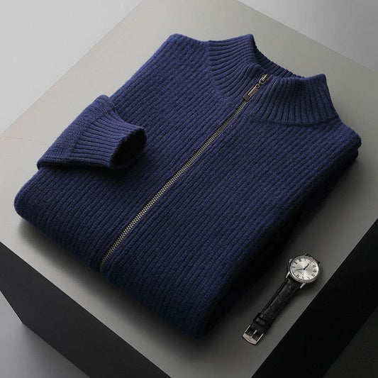 Thickened Autumn And Winter Wool Cardigan Men's Stand Collar Zipper Knitted Jacket With Pocket - Velora