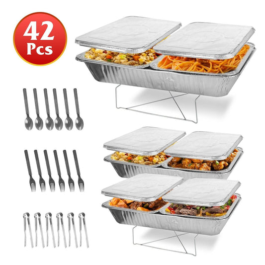 42Pcs Serve 6 Guests Disposable Chafing Dish Buffet Set Chafing Servers With Covers Spoons Forks Tongs Full-Size Pans Food Warmers For Parties Events Catering Supplies With Utensils And Lids - Velora