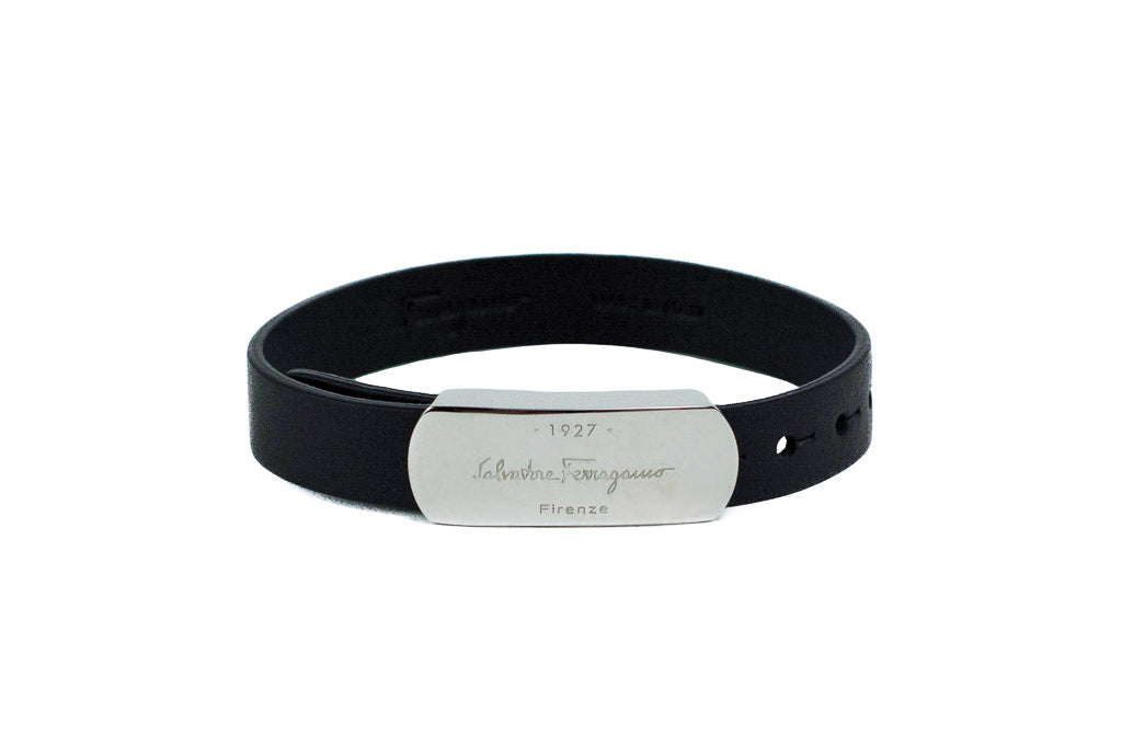 Salvatore Ferragamo Black Leather Silver Toned 1927 Logo Bracelet