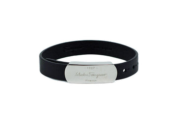 Salvatore Ferragamo Black Leather Silver Toned 1927 Logo Bracelet