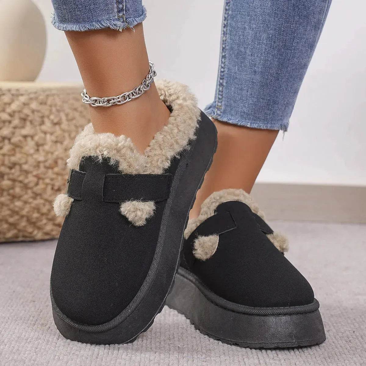 Fashion Thick-soled Plush Buckle Cotton Home platform Winter Slippers Indoor And Outdoor Casual Warm Women Garden Slipper - Velora