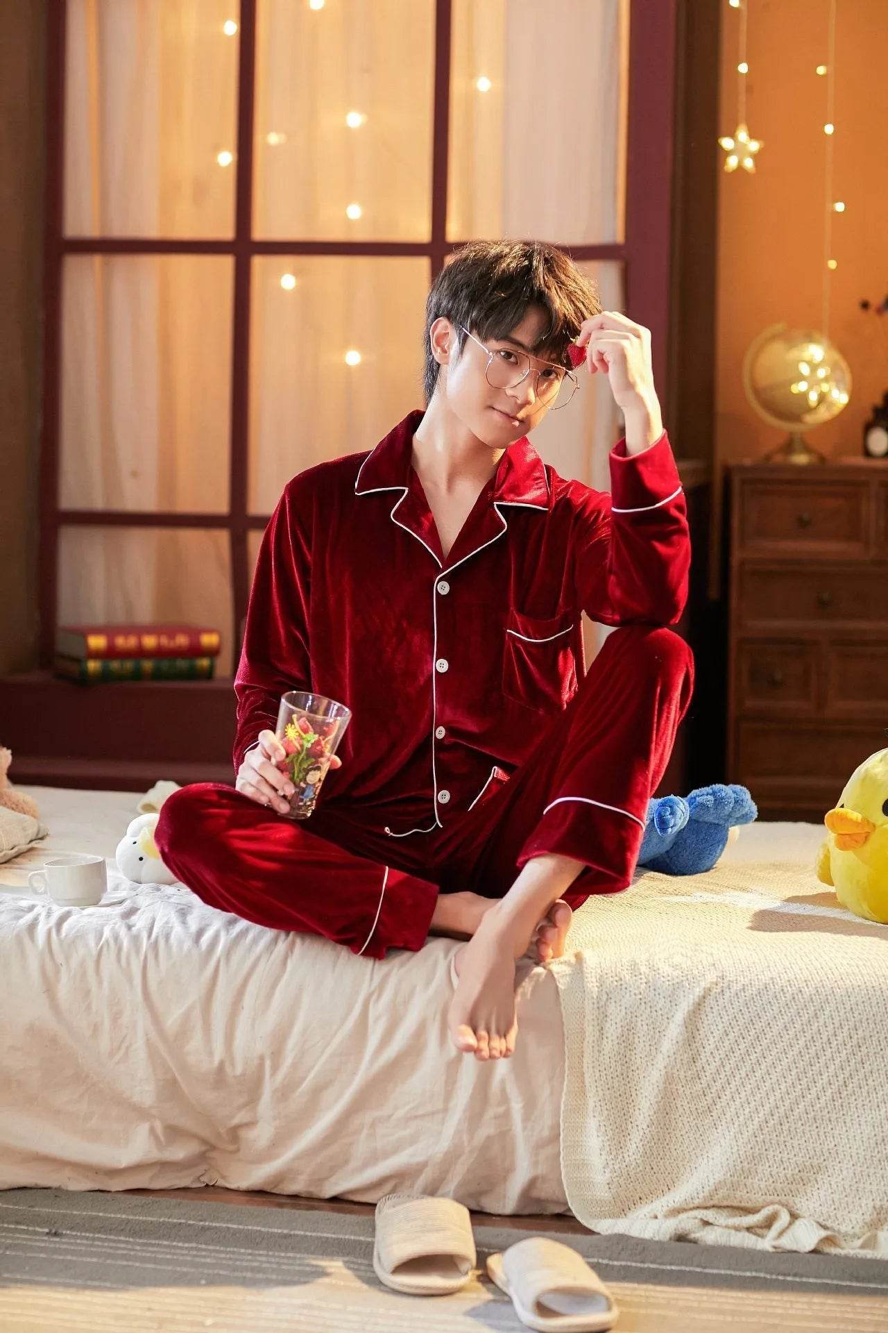 2pcs Couple Gold Velvet Long Sleeve Pajamas set - Velora