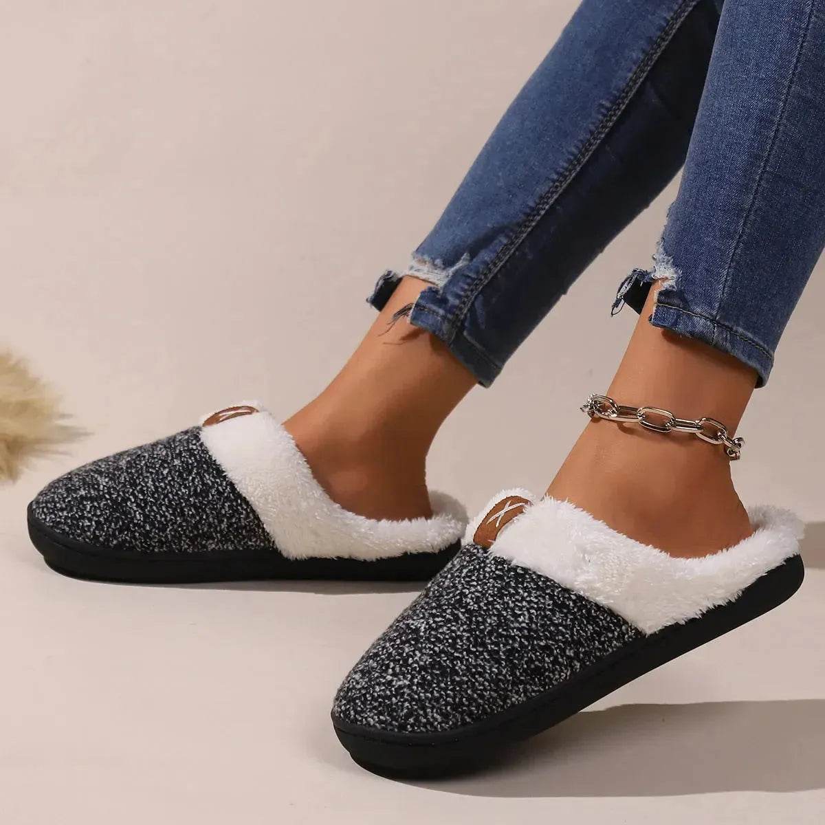 Winter Plush Slippers Fashion Thick Bottom Warm House Shoes For Women Men Indoor Bedroom Floor Slipper - Velora