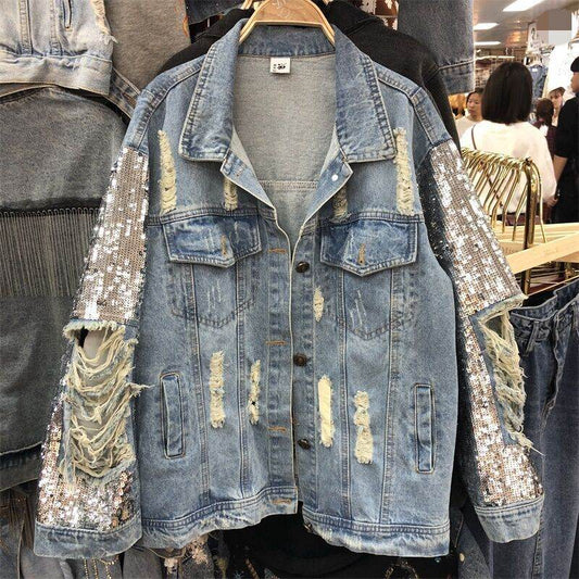 Street Fashion Heavy Industry lose Ripped Sequined Sleeve Denim Jacket Women - Velora