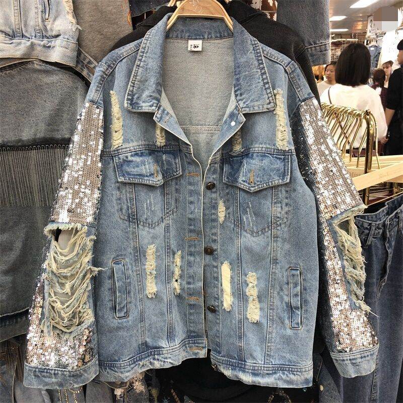 Street Fashion Heavy Industry lose Ripped Sequined Sleeve Denim Jacket Women - Velora