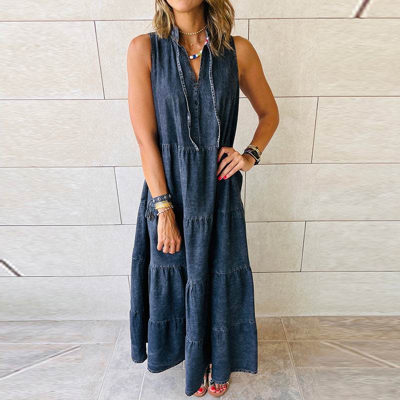 Women's Sleeveless Denim Fashion Retro High Waist Layered Dress - Velora