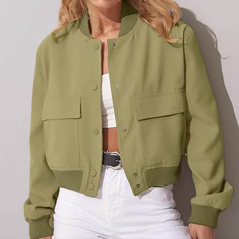 Fashion Button Stand-collar Jacket With Big Pockets Casual Loose Short Outwear Tops Coat For Women Clothing - Velora