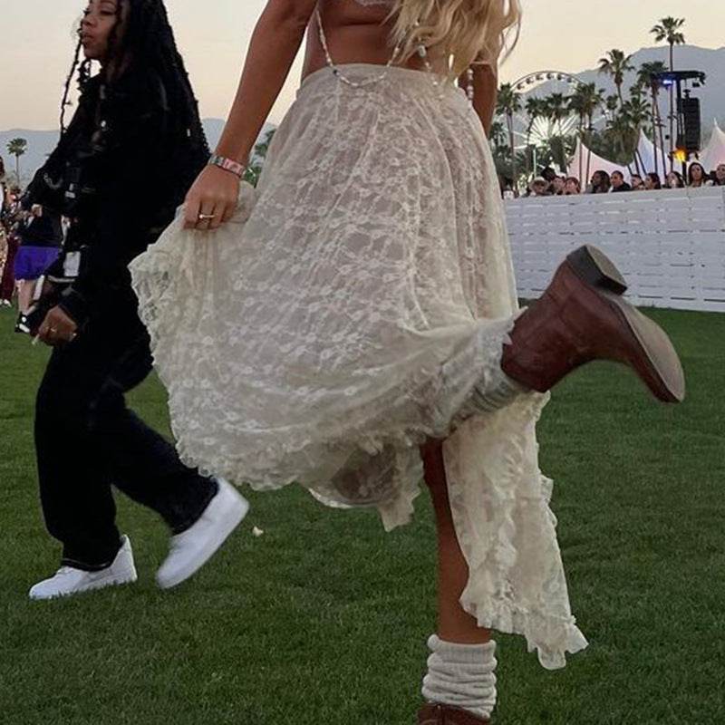 Fashionable Retro Trendy Irregular Midi Lace Skirt - Velora
