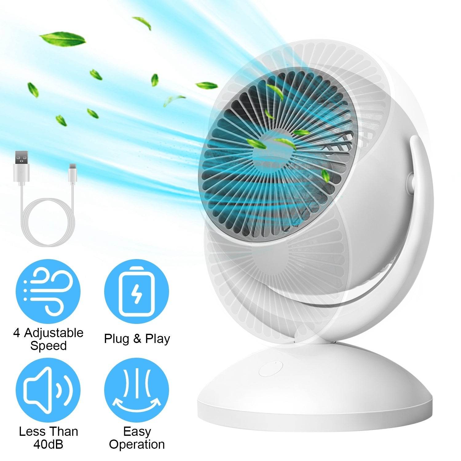 Portable Desk Fan Rechargeable Oscillating Tilting Fan With 4 Speeds 360 Degree - Velora