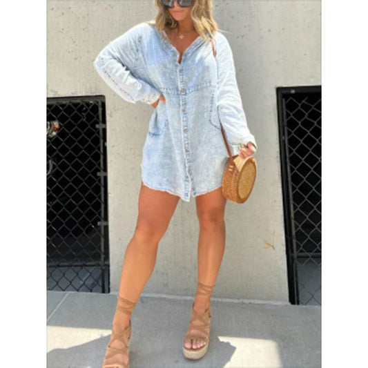 Women's Denim Washed Loose Shirt Dress - Velora