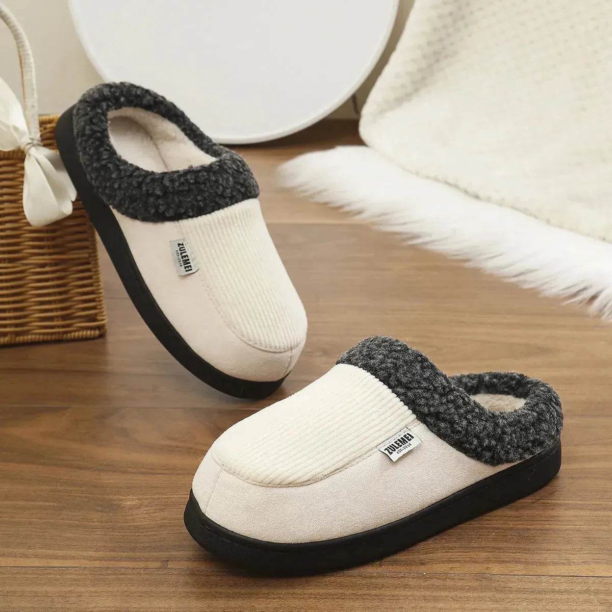 Fashion Solid Striped Cotton Slippers Winter Warm Indoor Bedroom Floor Slipper For Couples Non-slip Thick Sole House Shoes - Velora