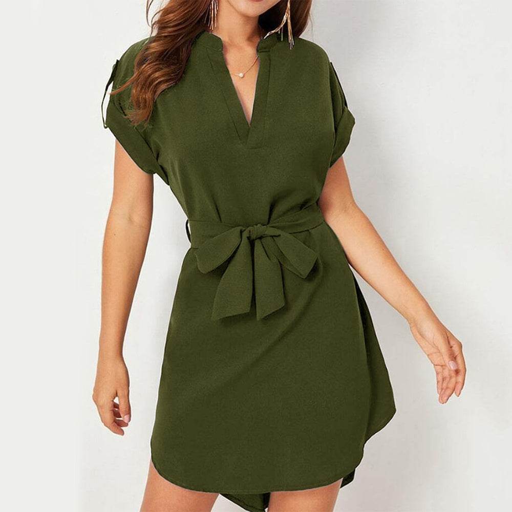 V-neck Short Sleeve Dress With Belt Summer Fashion Bowknot Dresses For Women Clothing - Velora