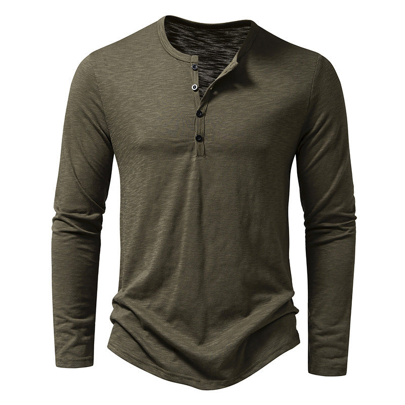 Men's Long-sleeved T-shirt Fashion Casual Solid Color Pullover Button Top Autumn And Spring Clothing Velora