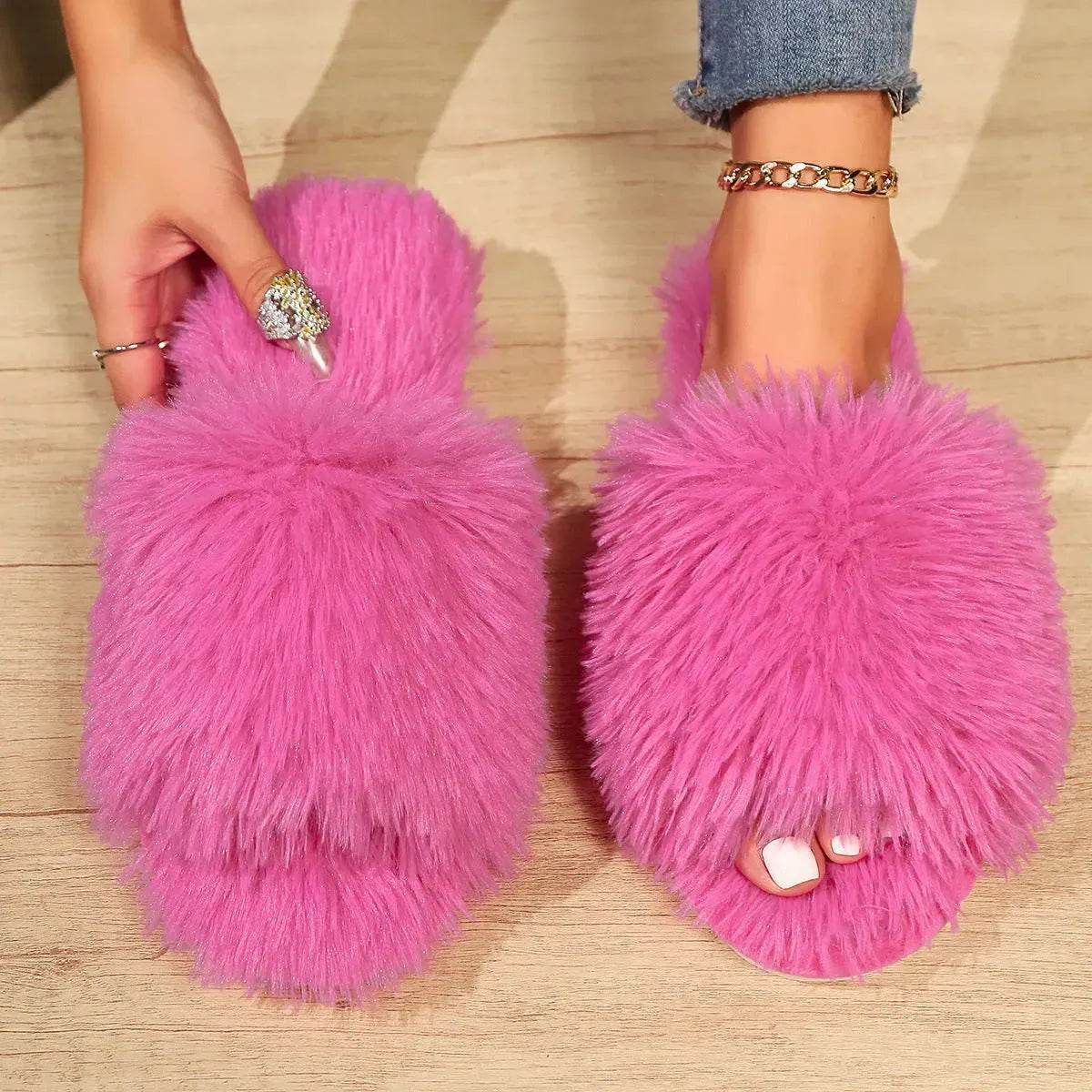 Fashion Open-toed Plush Slippers Winter Warm Indoor Bedroom Floor Soft Fluffy Slipper For Couple Solid Color House Shoes Women - Velora