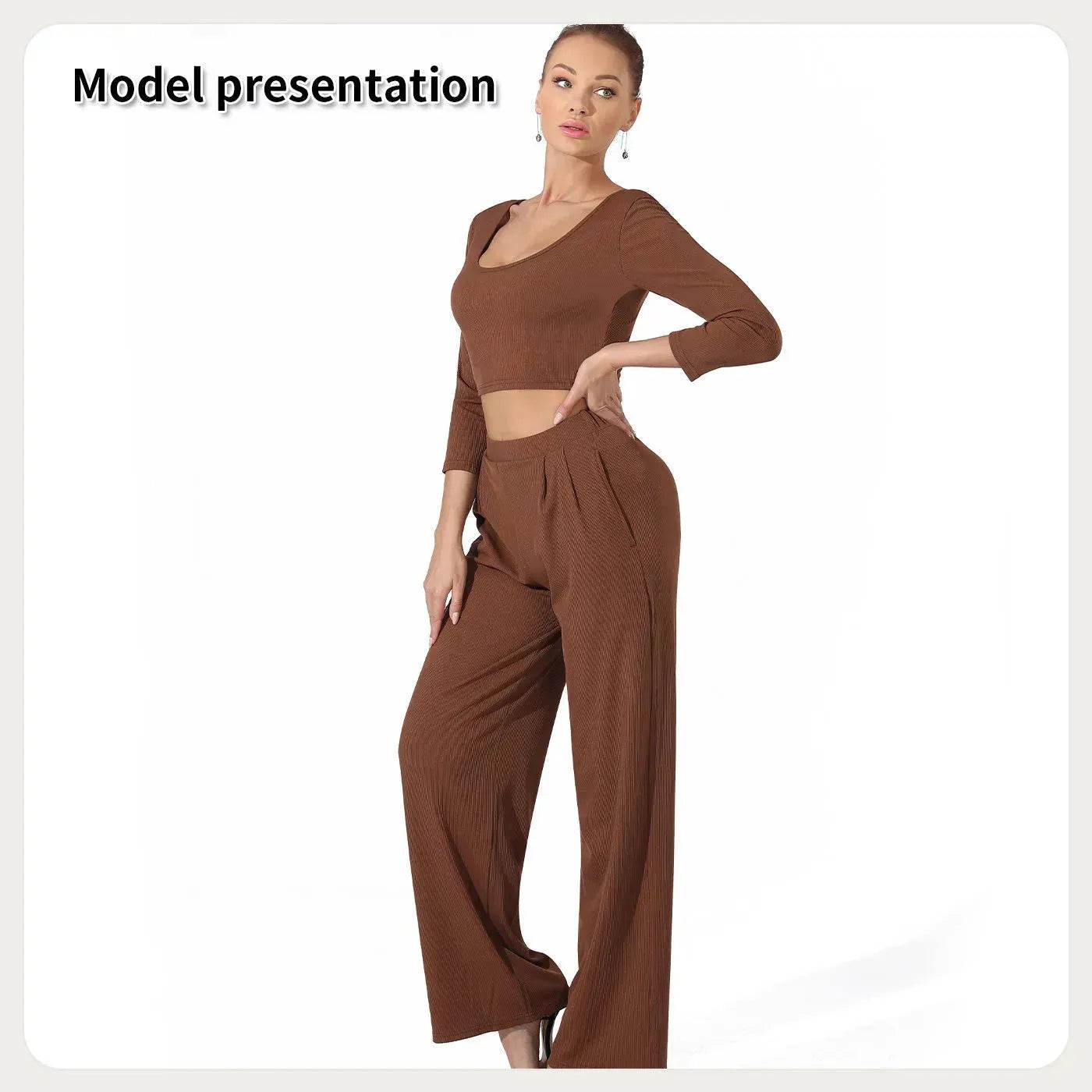 Women Fashion Casual Matching 2pcs set Long Sleeve Crop top and Pant set - Velora